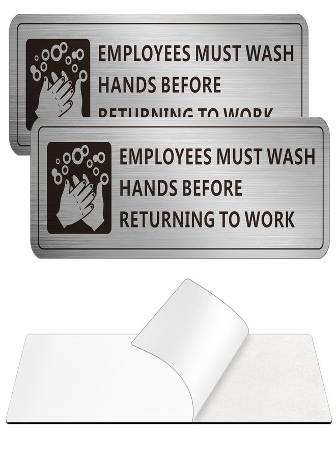 MongFun Employees Must Wash Hands Sign, (2 Pack) Self-adhesive Metal Signage for Office Bathroom, 9 x 3 Inch Waterproof Aluminum Signs for Indoor Outdoor Use (Brushed Aluminum) - Image 1